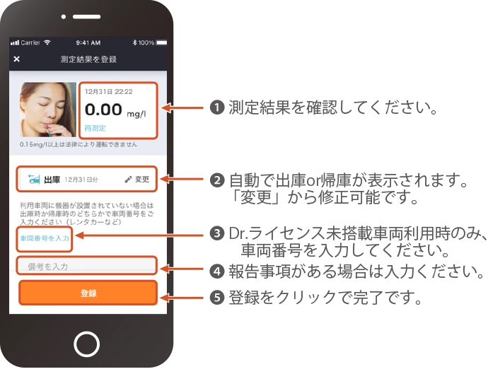 AIドライブレコーダー Dr.ライセンス アルコールチェック スマホ画面